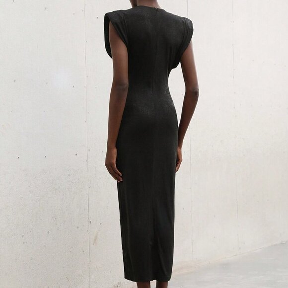 Black Elegant Women's Bodycon Long Dress Puff Sleeves Crew Neck - Picture 2 of 7